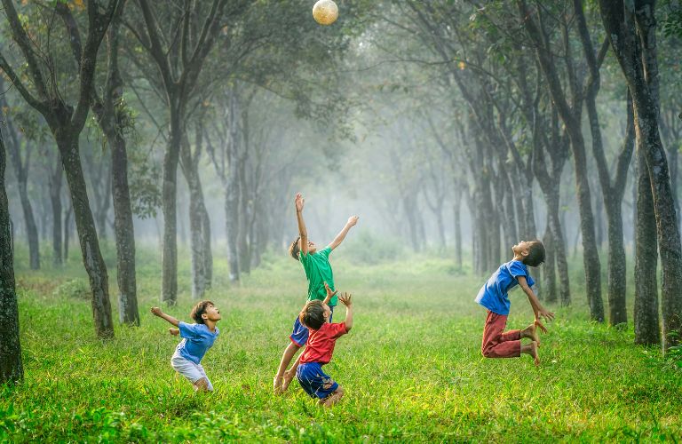 kids playing ball in a forest